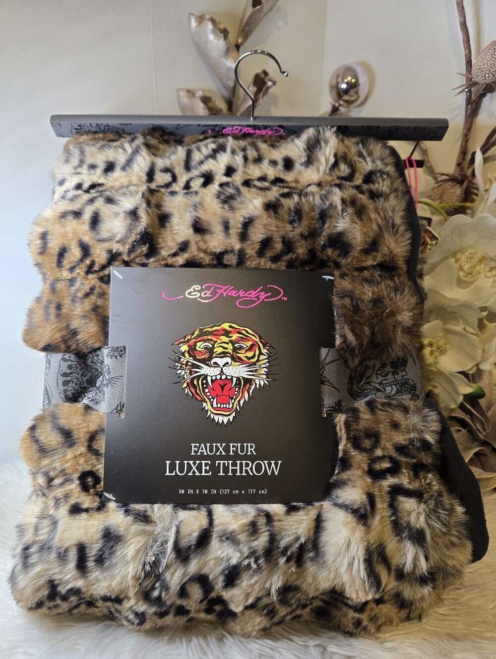 Ed Hardy Fuax Fur Luxe cheetah  50in x 70in new